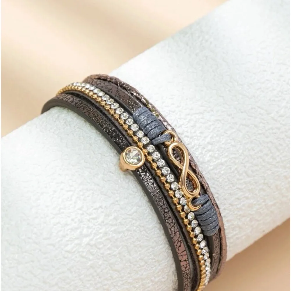 Infinity Leather and Rhinestone Magnetic Bracelet - Picture 1 of 4